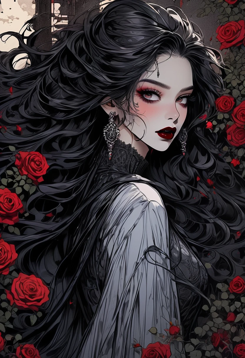 (Highest quality,4K,8K,High resolution,masterpiece:1.2),Super detailed,(Realistic,photoRealistic,photo-Realistic:1.37),Dark and mysterious,Detailed black clothing,Gothic Makeup,Black lipstick,Pale skin,Smokey Eye,Long black hair,Sharp Fangs,Red eyes,Vampire-like appearance,Expressive and sharp gaze,Earrings and ear piercings,Standing in a moonlit garden surrounded by roses,Spooky and eerie atmosphere,Cast long shadows,The faint moonlight illuminates her face,Creates a dramatic and striking effect.Hair dancing in the wind