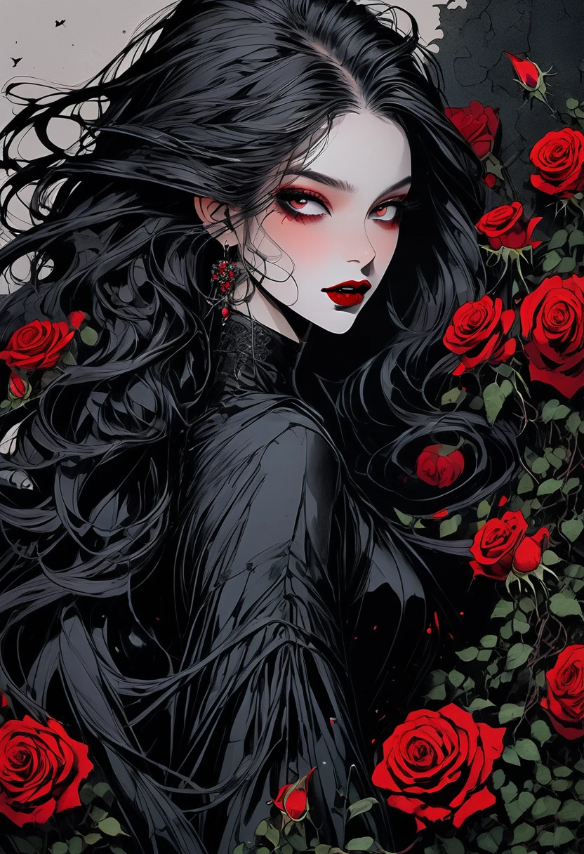 (Highest quality,4K,8K,High resolution,masterpiece:1.2),Super detailed,(Realistic,photoRealistic,photo-Realistic:1.37),Dark and mysterious,Detailed black clothing,Gothic Makeup,Black lipstick,Pale skin,Smokey Eye,Long black hair,Sharp Fangs,Red eyes,Vampire-like appearance,Expressive and sharp gaze,Earrings and ear piercings,Standing in a moonlit garden surrounded by roses,Spooky and eerie atmosphere,Cast long shadows,The faint moonlight illuminates her face,Creates a dramatic and striking effect.Hair dancing in the wind
