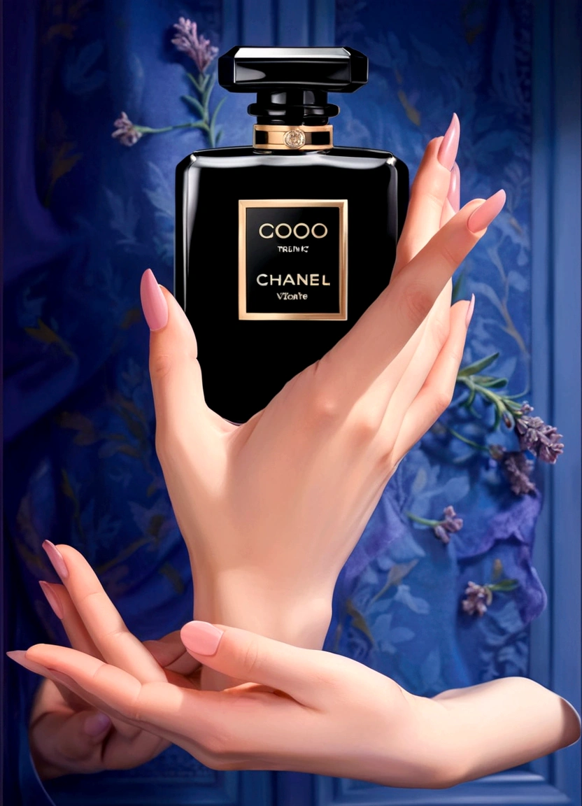 perfume in women&#39;s hands, on the hands there is a delicate lavender fabric, fabric is light on perfume, beautiful perfume, aesthetic advertising
