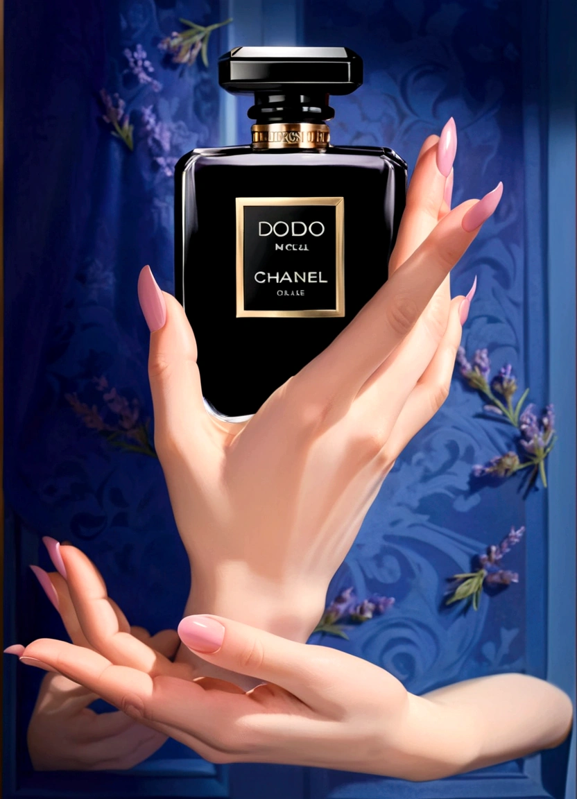perfume in women's hands, on the hands there is a delicate lavender fabric, fabric is light on perfume, beautiful perfume, aesthetic advertising