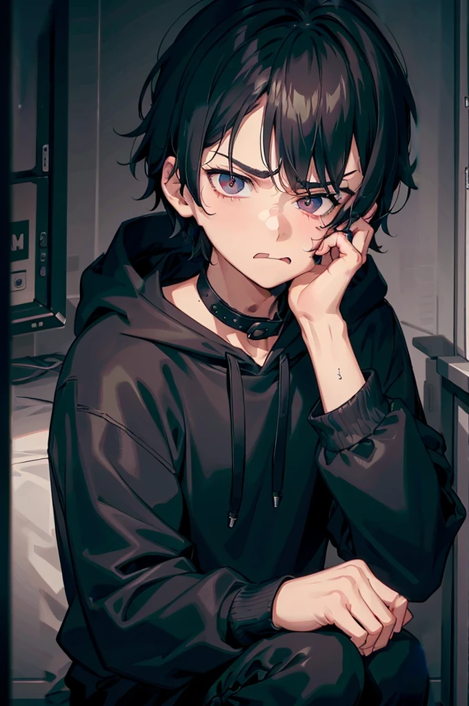 gloomy atmosphere, realisting, 4K resolution, HDR enhancement, a teenage boy, cute face, black hair, black eye, grumpy face, nervous look, defiant but sad eyes, narrowing eyes sticking out his tongue, wears a black hoodie, in a room, crouching on a fluorescent gaming chair with cheekbones, Mischievous, sad, dark mood.