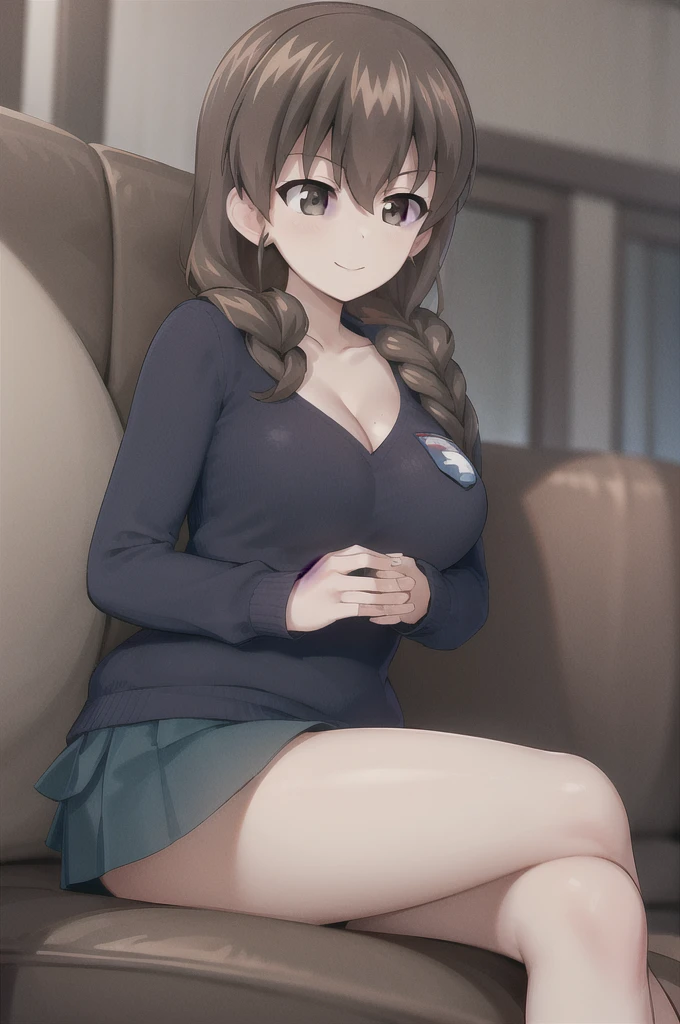 masterpiece, best quality, 1girl, solo, girls und panzer, rukuriri,single braid, hair over shoulder,st. gloriana's , cleavage, white shirt, blue micro shorts, white shirt, black stockings, sitting, crossed legs,light smile, blush, indoors, couch