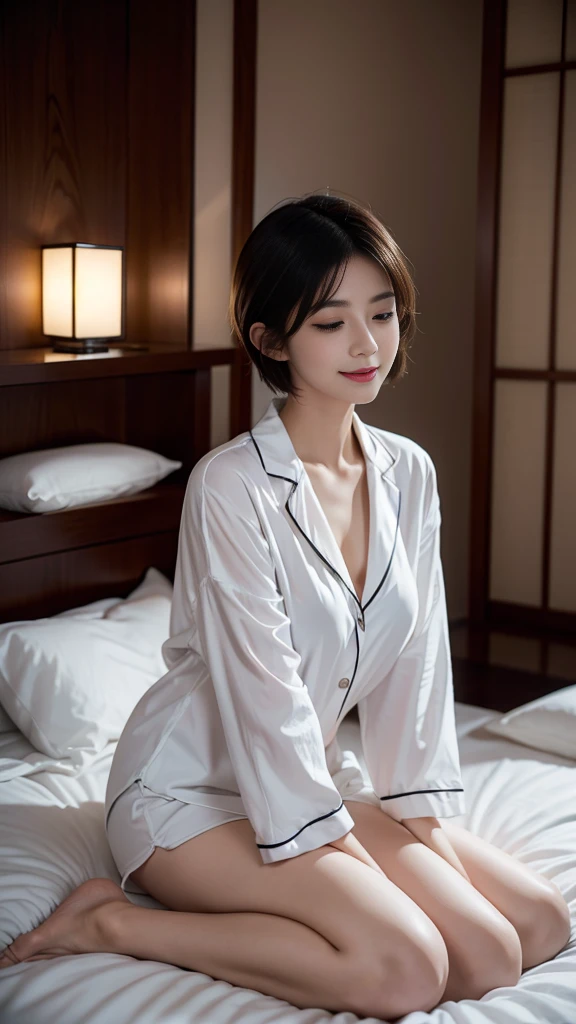 Modern room with night view、Quiet moments at night、Beautiful woman resting in sophisticated black and white room、look down, closed eyes smile、Lips slightly open、short hair、Beautiful Japanese actress pajamas、(real、フォトreal)、Beautiful Japanese actress、short hair、Hayami、light， realistically， best quality， Complex CG，Highly detailed face，High detail eyes，