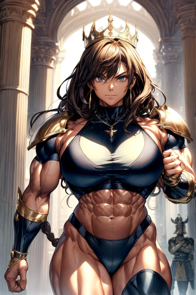 
(Best lighting) , (Very intricate details) , 4K Integration, (Super fine CG: 1.2) , (8K: 1.2),(original), (masterpiece) , (Highest quality),(masterpiece:1.4),((Full  images))、Anime-ish high quality,(masterpiece),masterpiece, Highest quality, Absurd,((Masterpiece, 4K, 8K, High resolution)),(masterpiece), (Highest quality), (Super detailed), (Very delicate and beautiful), ((Cowboy Shot)), 1 female,
((Female Bodybuilder:1.5)),A woman with an incredibly muscular chest like a male bodybuilder, Temple Background,((Beautiful 45 year old woman)),((The Queen's Appearanceと威厳)),(((Full body image:1))),from frontknight,Brave and resolute attitude,((Metal armor)),(Plate Mail),((Metal armor shaped like pectoral and abdominal muscles)), Heavy armor, Metal Reflection,Castle Background,wear black tights、The Great Hall of the Royal Palace,Soft sunlight,Fluttering Cloak、Brave pose,Strength and elegance,Solemn atmosphere,Powerful aura,((The Queen's Appearance))、Determined jawline,((The Strongest Queen of Mankind))、Huge muscular physique,Protruding veins、Raised trapezius muscle、very thick neck、Thick, muscular arms with bulging biceps、A muscular chest、Six-pack、((Thick legs with huge muscles))、Overflowing with incredible strength、Muscles bulging out from under the force of force all over the body、Graceful Movement,A commanding presence,Poses that show off their monstrous power,Dynamic configuration,Vibrant colors,Perfect balance,Light and shadow contrast,Down to the smallest thread,Sharpen highlights and shadows,Impressive level textures,Sharp focus,Rich and realistic backgrounds,Magnificence and grandeur,Heroine of the Kingdom,Legendary Warrior,Inspiring and majestic,Dignified and fierce,Guardian of the kingdom,Unstoppable courage,Divine Destiny,Indomitable spirit,Unforgettable beauty,Unwavering Strength, Braided upstyle hair、Luxurious crown、necklace、Earrings、Jeweled Armor



