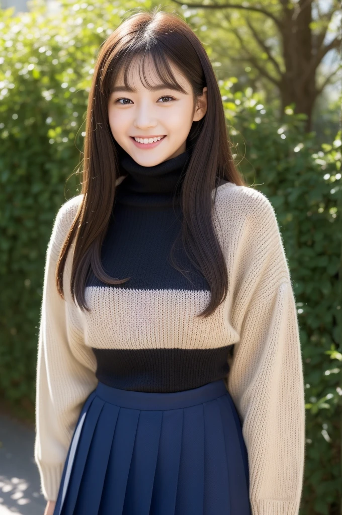 knit、turtle neck、Korea person、bobhair、Brown hair、Cat face、Oku Duplex、At the tip of the nose、Soft lips、Height 158cm、D-cups、Knitted clothes、Black skirt、full body Esbian、Skinny Legs、4K high image quality、Kim Min-ju、A smile、The background is a park、hi-school girl、High school students、a baby face、Young Face