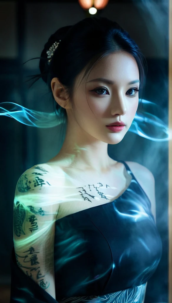 Double Exposure Style,Volumetric Lighting,a girl (Supermodel) with Wrap top,arching her back, beautiful tattoo, Traditional Attire,Artistic Calligraphy and Ink,light depth,dramatic atmospheric lighting,Volumetric Lighting,double image ghost effect,image combination,double exposure style,