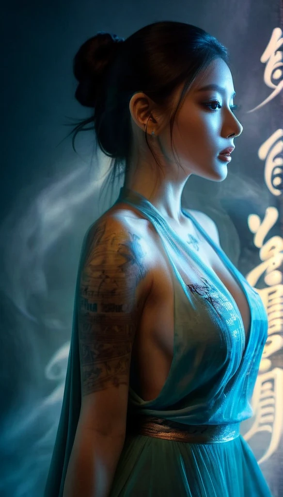 Double Exposure Style,Volumetric Lighting,a girl (Supermodel) with Wrap top,arching her back, beautiful tattoo, Traditional Attire,Artistic Calligraphy and Ink,light depth,dramatic atmospheric lighting,Volumetric Lighting,double image ghost effect,image combination,double exposure style,