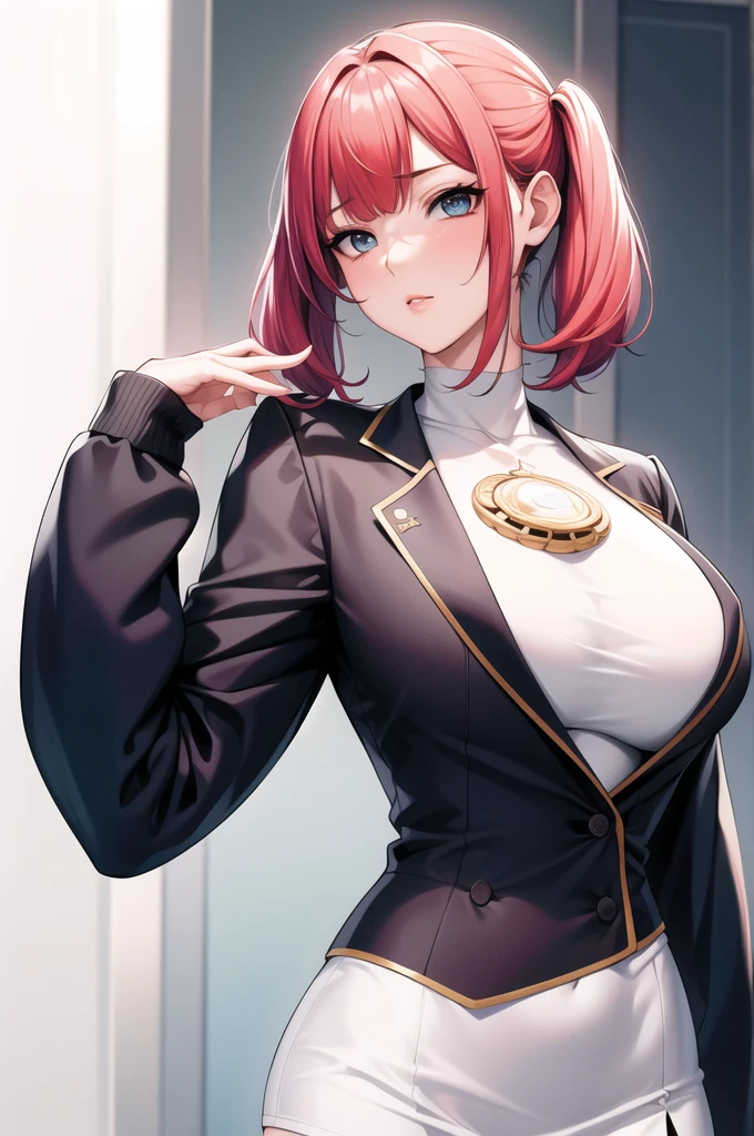 Simple white background,
Dynamic pose,Upright immobile posture,
army, army uniform, Long sleeve, turtleneck, mini skirt, Red jacket, Black Shirt,
blue eye, Pink Hair,bangs,short hair,hair ornaments,Red lipstick,Twin tails,
1 Girl, 20-year-old,young woman,beautiful long legs,beautiful body,
beautiful Nose,beautiful character design, perfect eye, perfect face,expressive eye,Perfect balance,
View your viewers,(Focus on her face),Mouth closed, (Innocent_big_eye:1.0),(Light_笑face:0.3),
Official Art,非常に詳細な CG ユニティ 8K 壁紙, Perfect lighting,colorful, bright_front_face_Lighting,White skin,
(masterpiece:1.0),(Highest_quality:1.0), 超High resolution,4K,Super detailed,
photograph, 8K, High resolution, High resolution, Absurd:1.2, 400 for Kodak Port, Film Grain, Blurred Background, Bokeh:1.2, Lens flare, (Vibrant_color:1.2),プロのphotograph,
(beautiful,big_chest:1.4), (beautiful_face:1.5),(narrow_Waist),