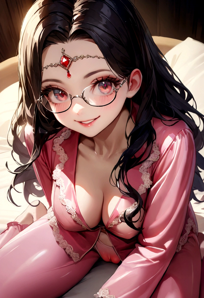 1 girl,(Improved quality:1.4),(Top quality True Texture Skins), delicate face,black hair, gradient hair, body,(완벽한 body매:1.1), There is a jewel on the forehead, Rimless glasses, sparkling eyes,long eyelashes,smile with one's teeth exposed, Hyper-photorealism, cinematic lighting, Insert projection, surrealism, hyper hd, masterpiece, 16,000,lie down,Dream On,Wear transparent silk pajamas,camel toe,Open your legs slightly,tattooed,A space of illusion,luxurious space