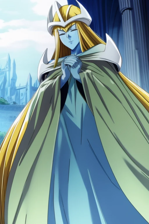 mysticalygo, mystical elf, smile, eyes closed, white dress, overly long skirt, blue skin, cloak, white cape, long robe, blonde hair, long hair, Yugioh, overly long sleeves, bedroom, on side, widows, low angles, standing 