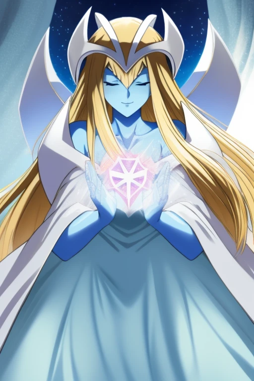mysticalygo, mystical elf, smile, eyes closed, white dress, overly long skirt, blue skin, cloak, white cape, long robe, blonde hair, long hair, Yugioh, overly long sleeves, bedroom, on side, widows, low angles, standing 