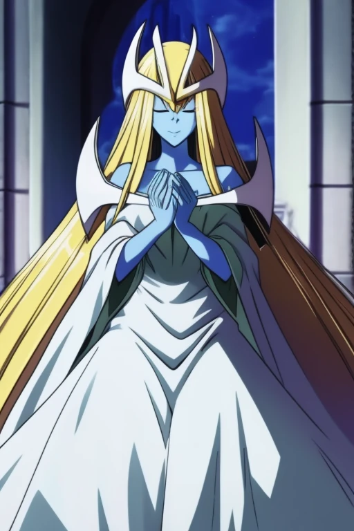 mysticalygo, mystical elf, smile, eyes closed, white dress, overly long skirt, blue skin, cloak, white cape, long robe, blonde hair, long hair, Yugioh, overly long sleeves, bedroom, on side, widows, low angles, standing