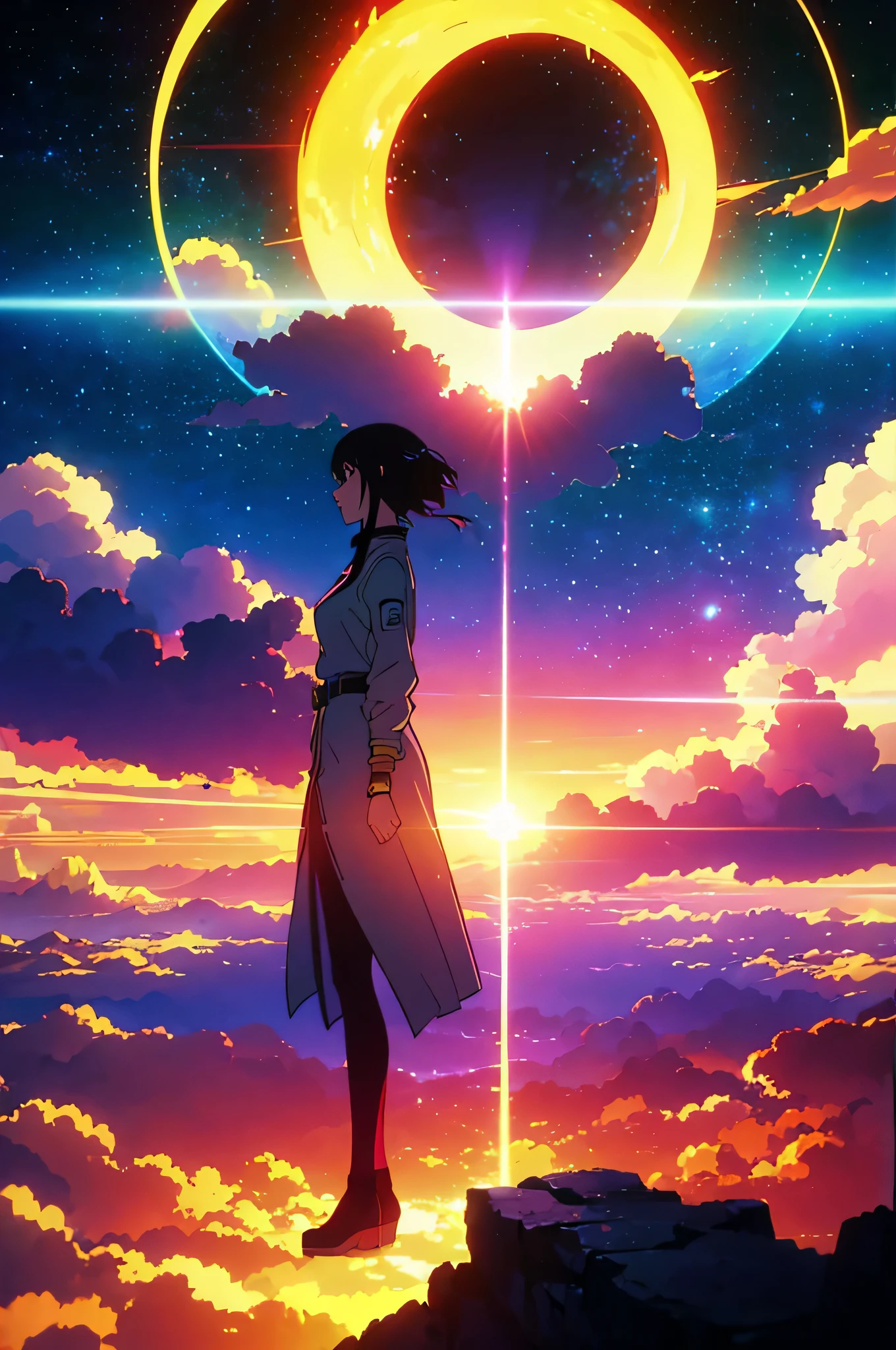 (best quality),anime, a girl standing on a cliff looking at a spiral, cyberpunk art inspired by Yuumei, trending on pixiv, space art, makoto shinkai cyril rolando, cosmic skies. by makoto shinkai, dreamy psychedelic anime, beautiful anime scene, anime epic artwork, watching the sun set. anime, realism | beeple