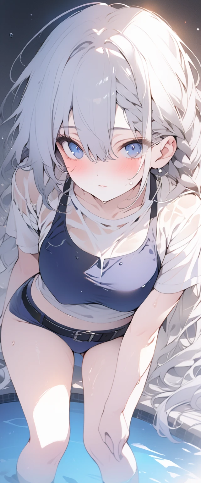 beautiful, masterpiece, Highest quality, anime, One girl, C Cup,Portrait Shot, View your viewers, Covered、Long Hair、nearby、Blue Eyes、art、White hair,black streaked hair, dark atmosphere、Thighs、Braid、Wet Shirt、Light purple bikini、belt、Pool