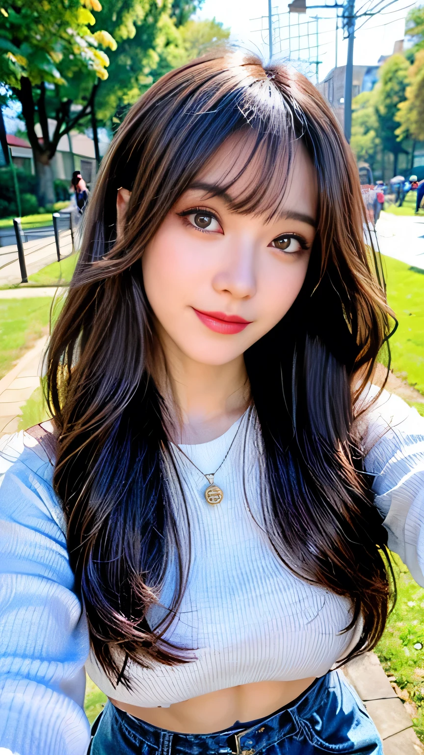 seed:4195271995,((Full Body Angle:1.1)),((Highest quality, 8K, masterpiece: 1.3)), concentrated: 1.2,Front hair:1.3, Cute girl 1,Nipples erect、 Perfect beauty: 1.4,Colorful ribbed knit half-zip T-shirt、Shorts,: 1.2,Randall Color、comics&Text Graphics、Black,1.1, Highly detailed face and skin textures, Fine grain, double eyelid, whitening skin, ,Highest quality,Ultra-high resolution,you,1 girl,alone,_Shiny_skin,Iris,necklace,((brown_length_Wavy_hair)),(lips)),eyelash,Front hair,deal with,compensate,Shiny,pore,skin big breasts、(smiling face)、Front hair、Walking in the park、walk