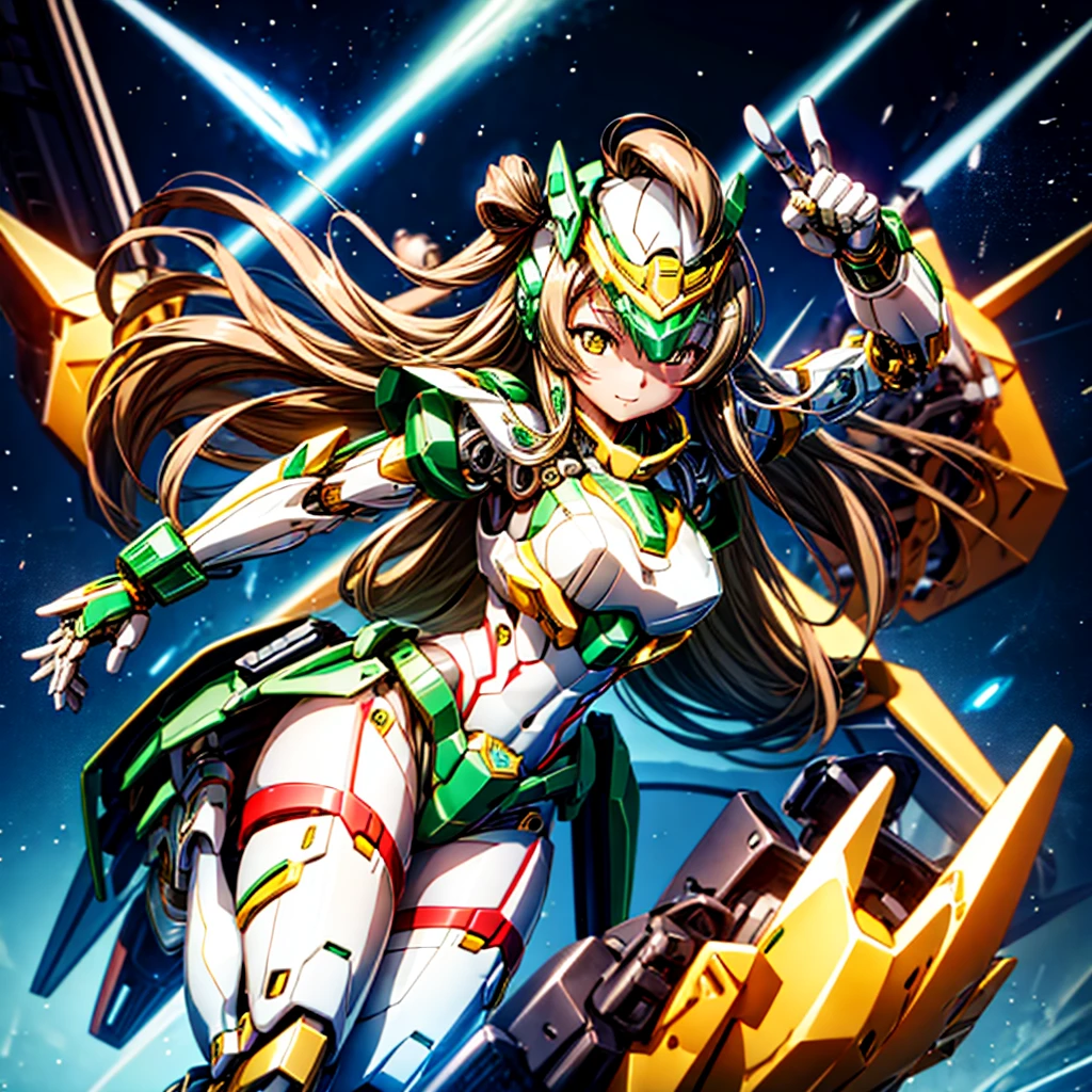 masterpiece, high quality, Cyborgization、Gynoid Cyborg Body、The face is of Minami Kotori.、Minami Kotori, who has been remodeled into a girl-type mechanical body、Mecha Cyborg Girl、Single, frontal composition、Single image、from front, full body、The mechanical body is destroyed, exposing the precision machinery.、Arms and legs wide open