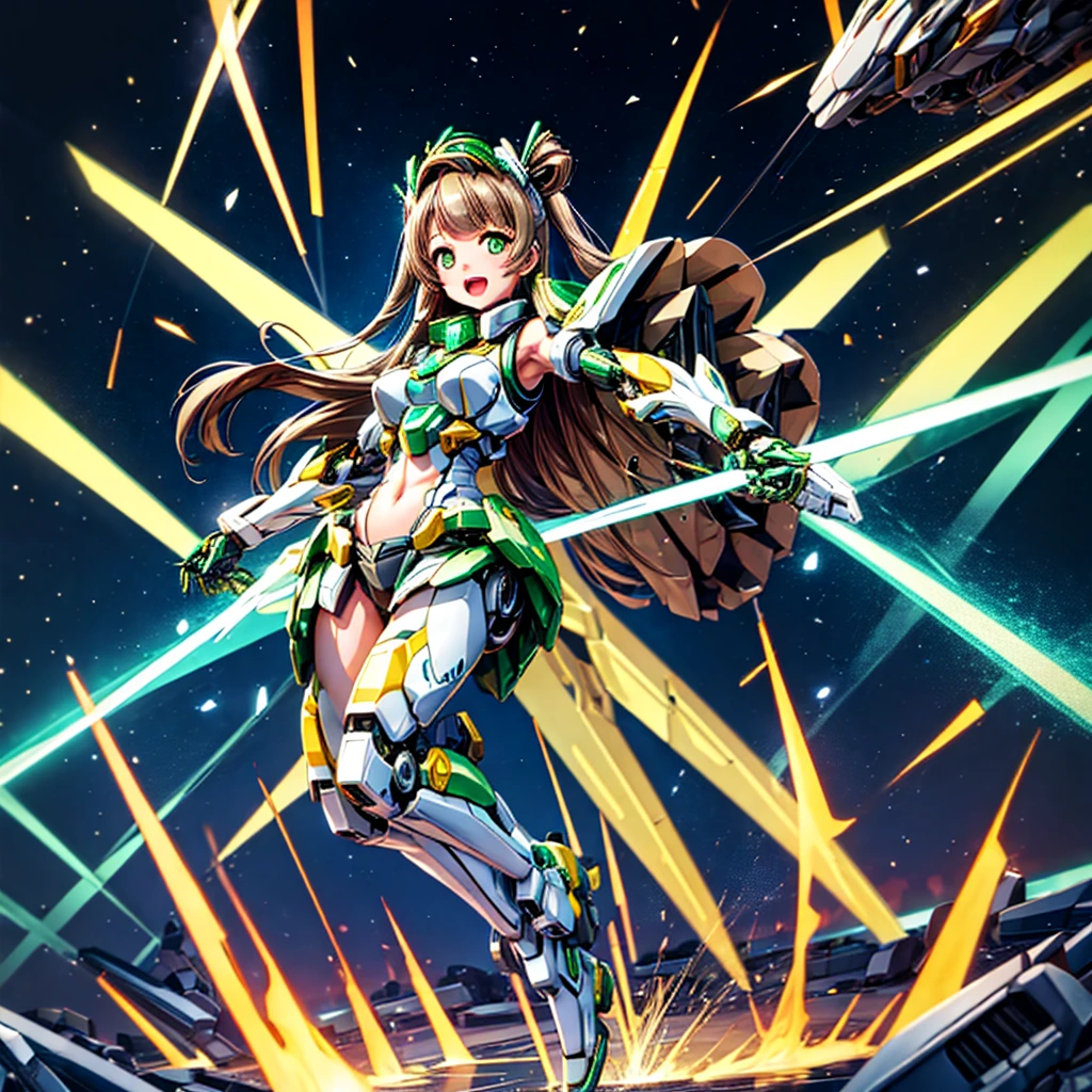 masterpiece, high quality, Cyborgization、Gynoid Cyborg Body、The face is of Minami Kotori.、Minami Kotori, who has been remodeled into a girl-type mechanical body、Mecha Cyborg Girl、Single, frontal composition、Single image、from front, full body、The mechanical body is destroyed, exposing the precision machinery.、Arms and legs wide open