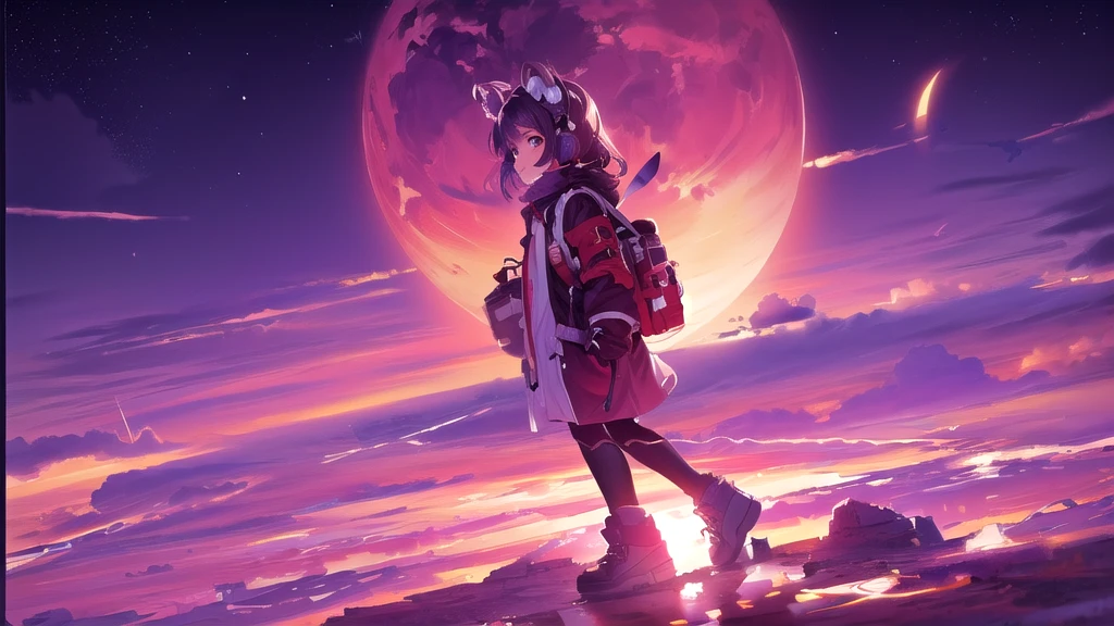 Standing on a rock with a backpack、Anime girl looking at the moon,Gweiz-style artwork