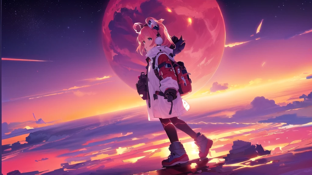 Standing on a rock with a backpack、Anime girl looking at the moon,Gweiz-style artwork