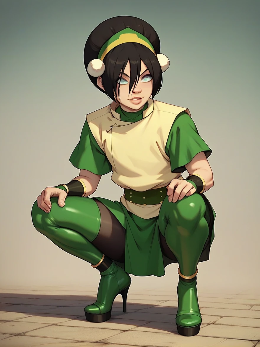 Toph, blind, latex clothing, squatting, high heels, lipstick, lips, latex