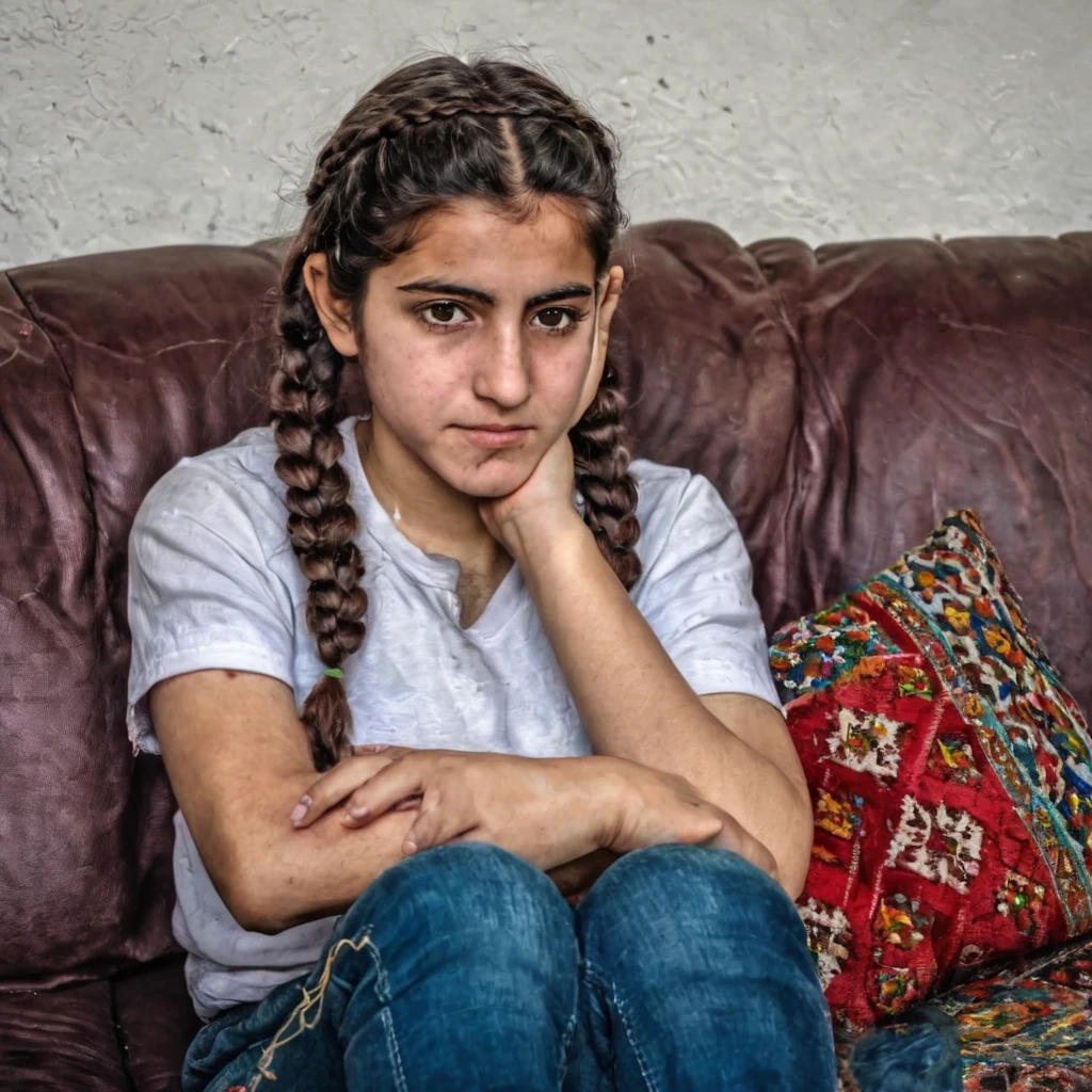 braided hair kurdish girl sitting at sofa