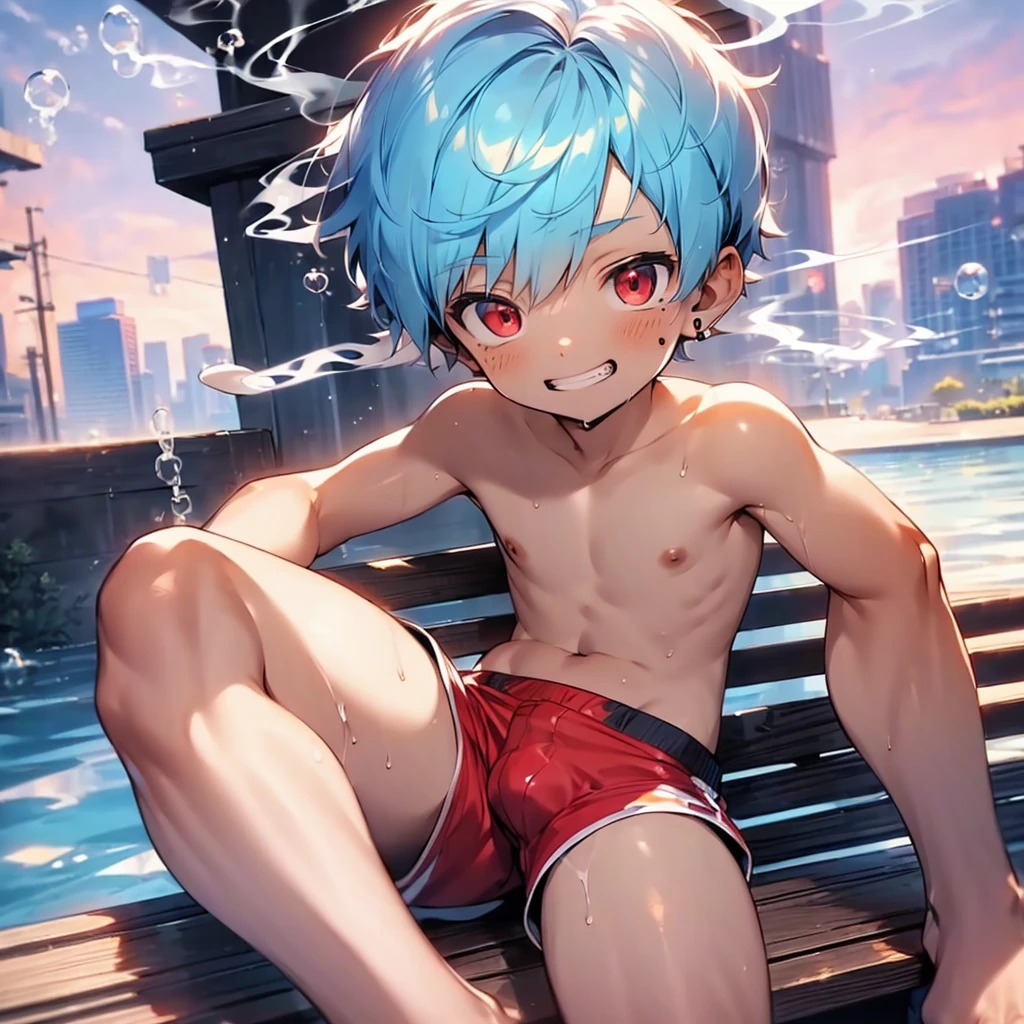 (solo:2), (boldline:-1.8), (smoking:1.6), (((bubble))), (sitting on bench:1.5), (spread legs:1.5), (((fang))), (((best finger))), BREAK (best quality:1.5), (absolutely resolution:1.5), (ultra detailed:1.5), (masterpiece:1.5), (perfect face), (detailed face), (detailed eyes), (best eyes), (cute face), (shota:2), BREAK (topless:1.5), BREAK (red short pants:1.5), (see throgh wet clothes:1.2), (bulge:1.6), (skinny:1.3), (spiked hair), BREAK (light blue hair:1.5), (wine red eyes:1.4), (eyes with highlight:1.6), ((mole under eye)), (sweaty skin), (light skin), (grin:1.5), ((earrings)), (shiny skin:1.3), BREAK (garden), (building:1.5), (at twilight:1.5), ((wind blowing)), ((nipple)), (abs), (groin),
