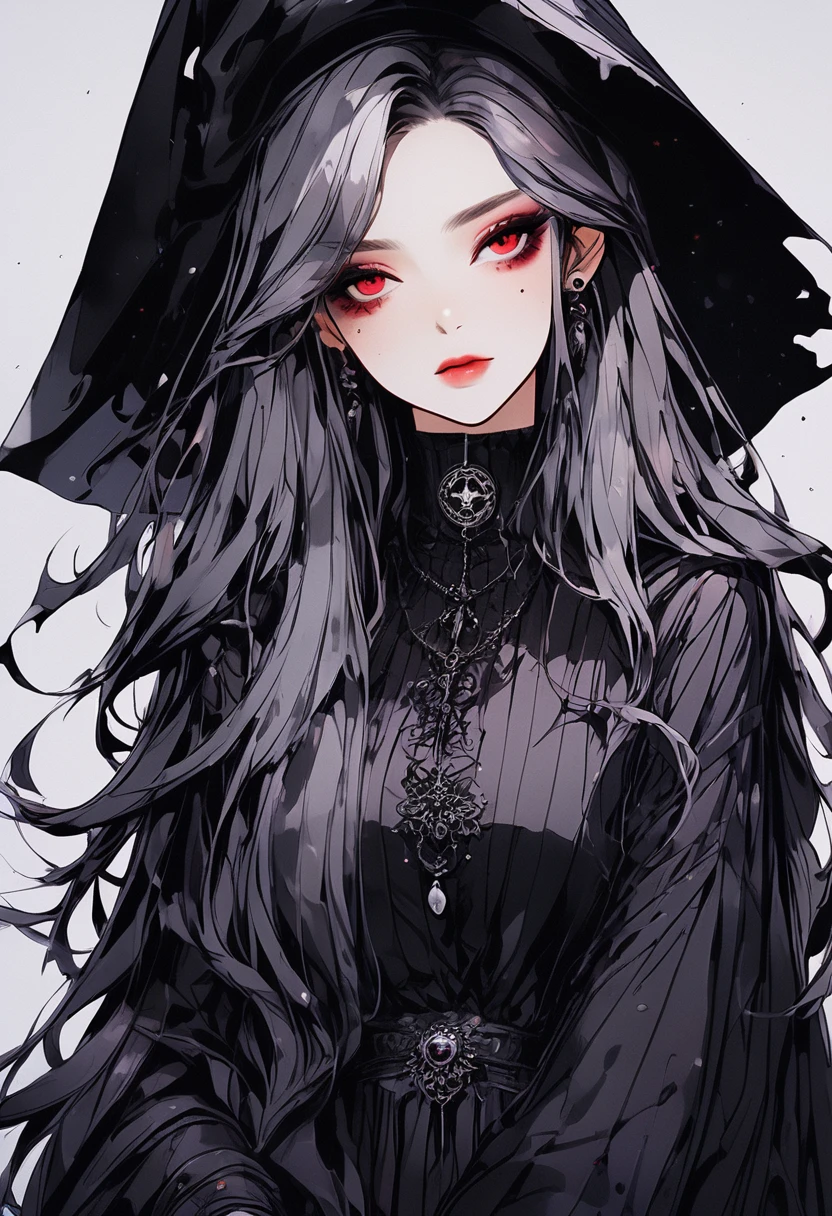(Highest quality,4K,8K,High resolution,masterpiece:1.2),Super detailed,(Realistic,photoRealistic,photo-Realistic:1.37),Goth Korean Girl, Gothic,1 Female,Dark Town,Red eyes,Dark Ambient,Low saturation,Anime Style,Pale skin,long flowing hair,Gothic clothing,silhouette,surreal background,Mysterious atmosphere,Intense emotions,Melancholic expression,Lens flare,Dramatic Shadows,Iconic elements,Heavy makeup,Pale and dark colors,Foggy,Heavenly Beauty,Delicate texture, Heavy makeup, , whole body, Wicked Smile, Enchanted Witch