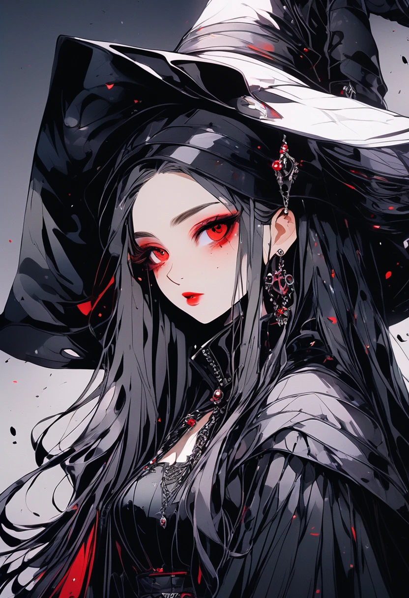 (Highest quality,4K,8K,High resolution,masterpiece:1.2),Super detailed,(Realistic,photoRealistic,photo-Realistic:1.37),Goth Korean Girl, Gothic,1 Female,Dark Town,Red eyes,Dark Ambient,Low saturation,Anime Style,Pale skin,long flowing hair,Gothic clothing,silhouette,surreal background,Mysterious atmosphere,Intense emotions,Melancholic expression,Lens flare,Dramatic Shadows,Iconic elements,Heavy makeup,Pale and dark colors,Foggy,Heavenly Beauty,Delicate texture, Heavy makeup,  , whole body, Wicked Smile, Enchanted Witch