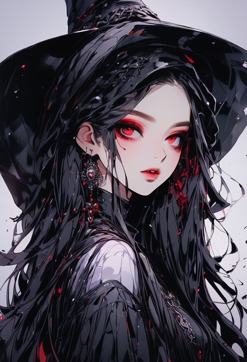 (Highest quality,4K,8K,High resolution,masterpiece:1.2),Super detailed,(Realistic,photoRealistic,photo-Realistic:1.37),Goth Korean Girl, Gothic,1 Female,Dark Town,Red eyes,Dark Ambient,Low saturation,Anime Style,Pale skin,long flowing hair,Gothic clothing,silhouette,surreal background,Mysterious atmosphere,Intense emotions,Melancholic expression,Lens flare,Dramatic Shadows,Iconic elements,Heavy makeup,Pale and dark colors,Foggy,Heavenly Beauty,Delicate texture, Heavy makeup,  , whole body, Wicked Smile, Enchanted Witch