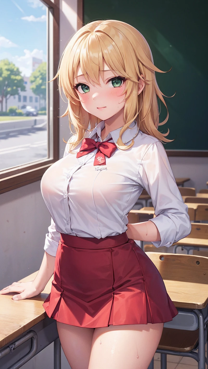 best quality,((((1 Girl)))),Large Breasts,((((:1.3)))))),Curvy beauty,Sexual red,Sweat,Blonde hair,((White shirt,Pink skirt:1.1)),mini skirt,classroom,Upskirt,Scenery under the skirt,Lace panties,White,White及膝袜,Sakurai Baixiang,whole body