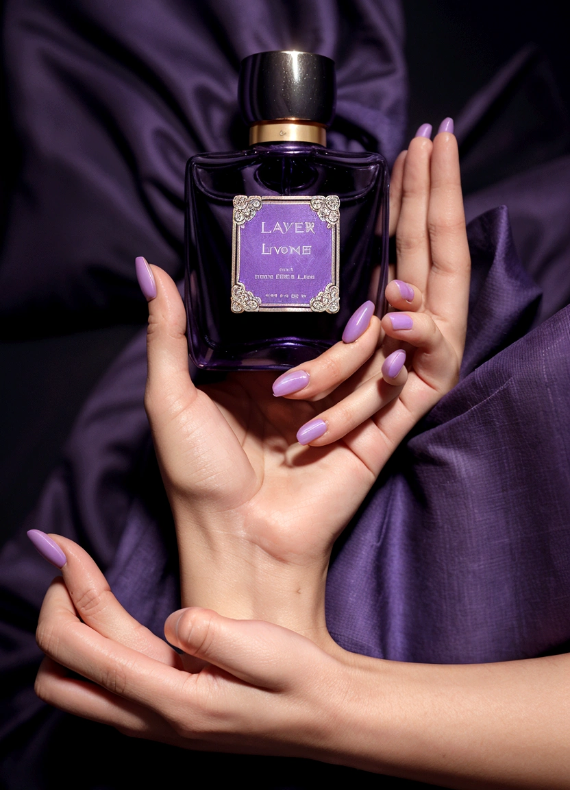 perfume in women's hands, on the hands there is a delicate lavender fabric, fabric is light on perfume, beautiful perfume, aesthetic advertising