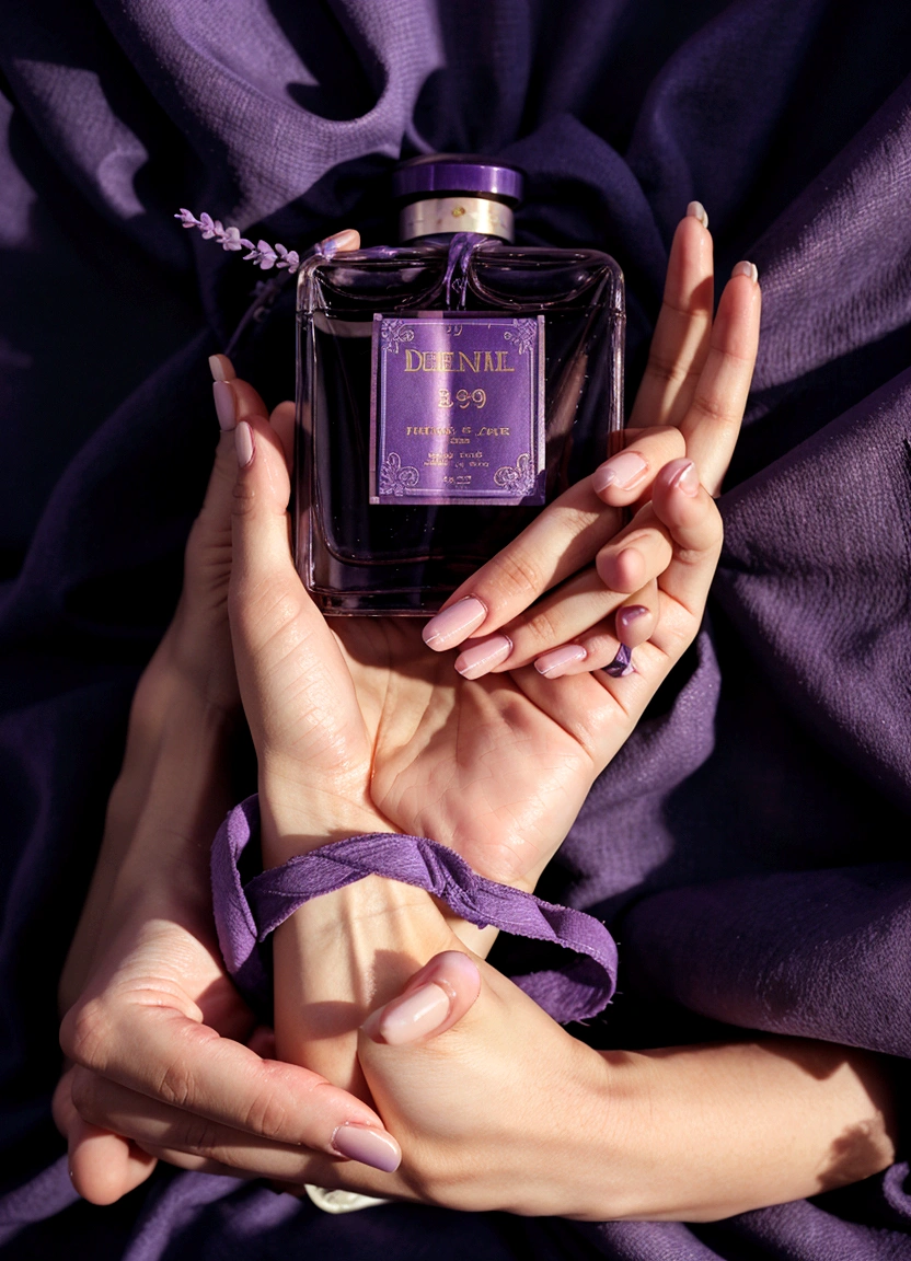 perfume in women&#39;s hands, on the hands there is a delicate lavender fabric, fabric is light on perfume, beautiful perfume, aesthetic advertising