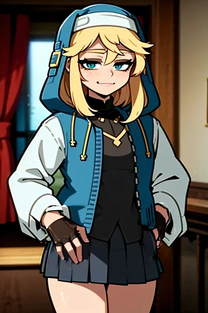 masterpiece, best quality, highres, (illustration:1.4), (beautiful detailed eyes), BREAK ggsbridget, turquoise eyes, (hooded jacket, long sleeves, black gloves, fingerless gloves, skirt, bike shorts) cowboy shot, sexy pose, BREAK Hands on Hips, (finger pointing,) smirk, evil smile,closed mouth, mastrubation, orgasm,blush, embarrassed,full lips, bedroom,indoors,
