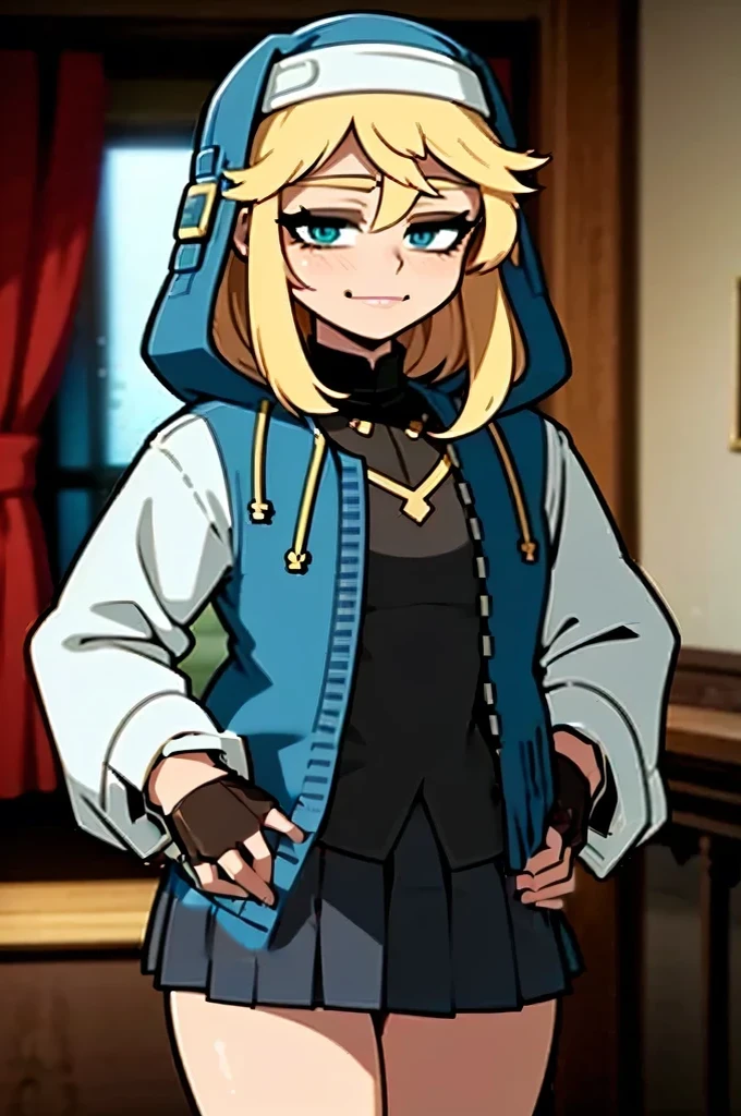masterpiece, best quality, highres, (illustration:1.4), (beautiful detailed eyes), BREAK ggsbridget, turquoise eyes, (hooded jacket, long sleeves, black gloves, fingerless gloves, skirt, bike shorts) cowboy shot, sexy pose, BREAK Hands on Hips, (finger pointing,) smirk, evil smile,closed mouth, mastrubation, ??????,blush, embarrassed,full lips, bedroom,indoors,
