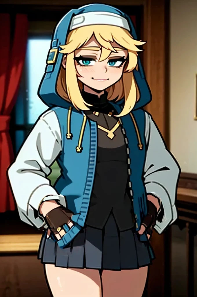 masterpiece, best quality, highres, (illustration:1.4), (beautiful detailed eyes), BREAK ggsbridget, turquoise eyes, (hooded jacket, long sleeves, black gloves, fingerless gloves, skirt, bike shorts) cowboy shot, sexy pose, BREAK Hands on Hips, (finger pointing,) smirk, evil smile,closed mouth, mastrubation, orgasm,blush, embarrassed,full lips, bedroom,indoors,
