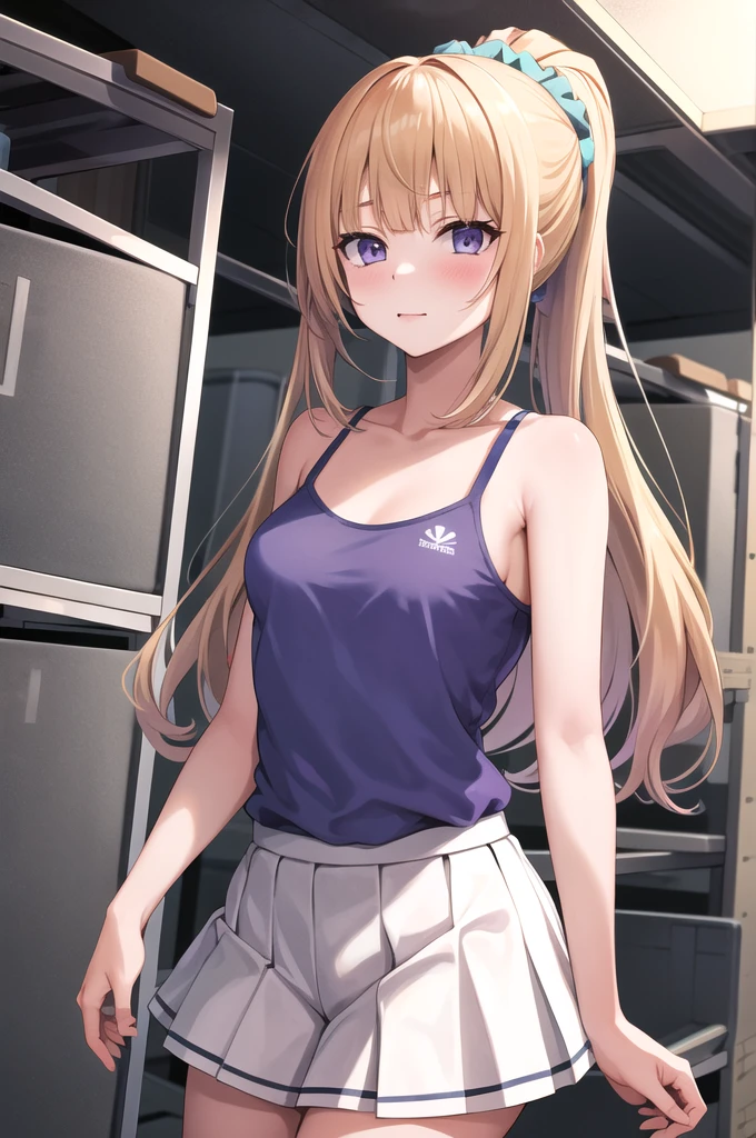 masterpiece, Highest quality, High resolution, bbkei, Long Hair,Yellow Hair, ponytail, Hair Scrunchie, clavicle,Purple ruffled bra,Pleated skirt, White Skirt,Inside the gym storeroom,Place both palms on your face,Embarrassing