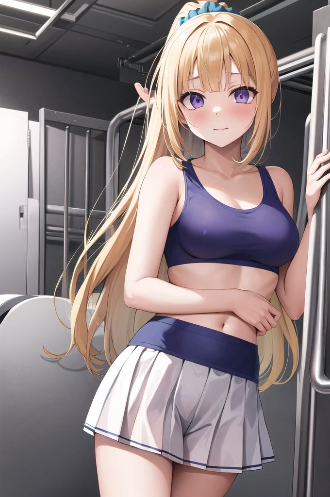 masterpiece, Highest quality, High resolution, bbkei, Long Hair,Yellow Hair, ponytail, Hair Scrunchie, clavicle,Purple ruffled bra,Pleated skirt, White Skirt,Inside the gym storeroom,Place both palms on your face,Embarrassing