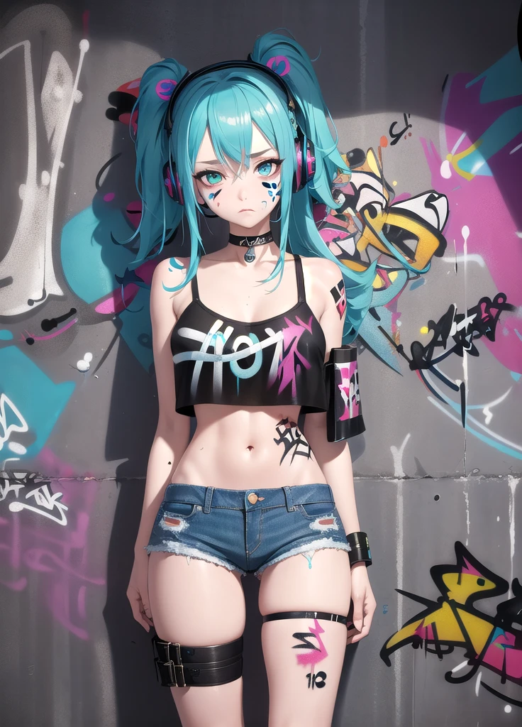 masterpiece, best quality, 1girl, solo, crop top, denim shorts, choker, (graffiti:1.5), paint splatter, arms behind back, against wall, looking at viewer, armband, thigh strap, paint on body, head tilt, bored, multicolored hair, aqua eyes, headset