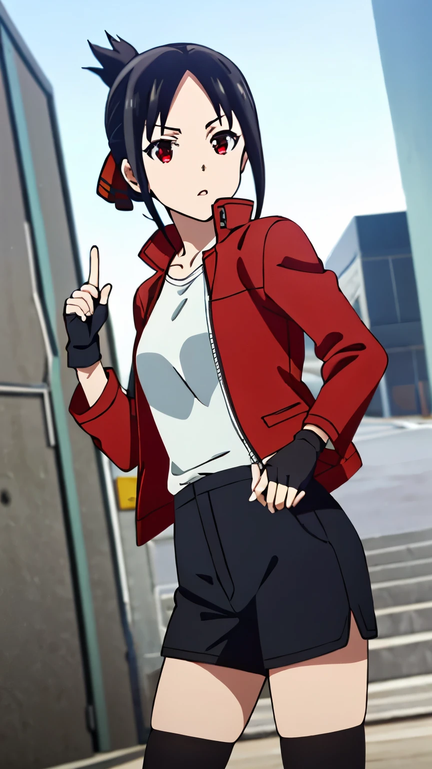 (best quality, masterpiece, 8k:1.2), detailed,
shinomiya kaguya,1girl, solo, black hair, red eyes, short hair, folded ponytail, red hair ribbon, (blue jacket, black gloves, black shorts, fingerless gloves, blue legwear, jacket, long sleeves, open jacket, short shorts),
looking at the viewer, medium breasts, dynamic Angle, 