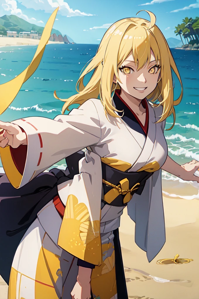 (((masterpiece))), temari, yellow hair, yellow  eyes, tied up hair, Grinning, front camera, at beach, kimono, by noon