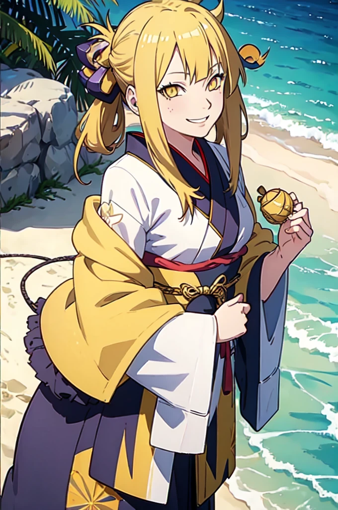 (((masterpiece))), temari, yellow hair, yellow  eyes, tied up hair, Grinning, front camera, at beach, kimono, by noon