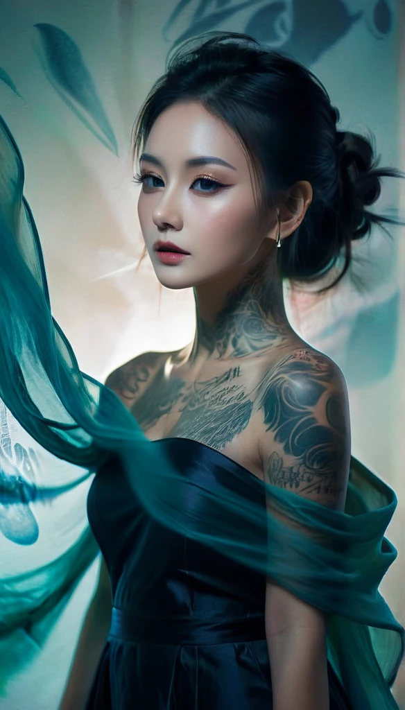 Double Exposure Style,Volumetric Lighting,a girl (Supermodel) with Wrap top,arching her back, beautiful tattoo, Traditional Attire,Artistic Calligraphy and Ink,light depth,dramatic atmospheric lighting,Volumetric Lighting,double image ghost effect,image combination,double exposure style,