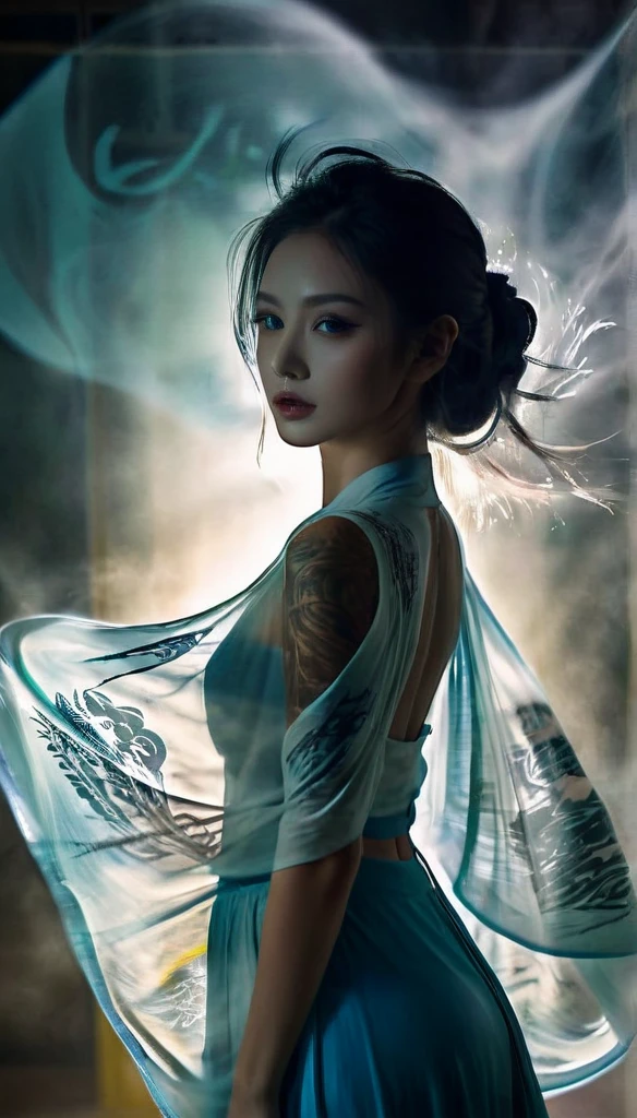 Double Exposure Style,Volumetric Lighting,a girl (Supermodel) with Wrap top,arching her back, beautiful tattoo, Traditional Attire,Artistic Calligraphy and Ink,light depth,dramatic atmospheric lighting,Volumetric Lighting,double image ghost effect,image combination,double exposure style,