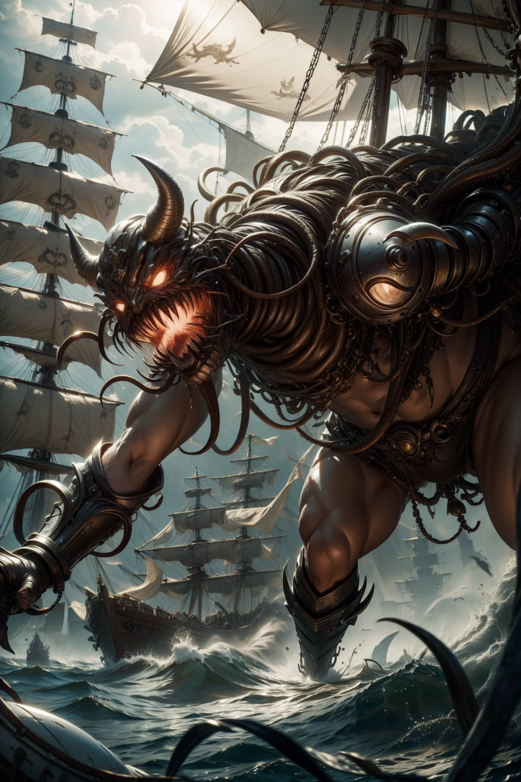 minotaur humanoid woman on a pirate ship, fully body