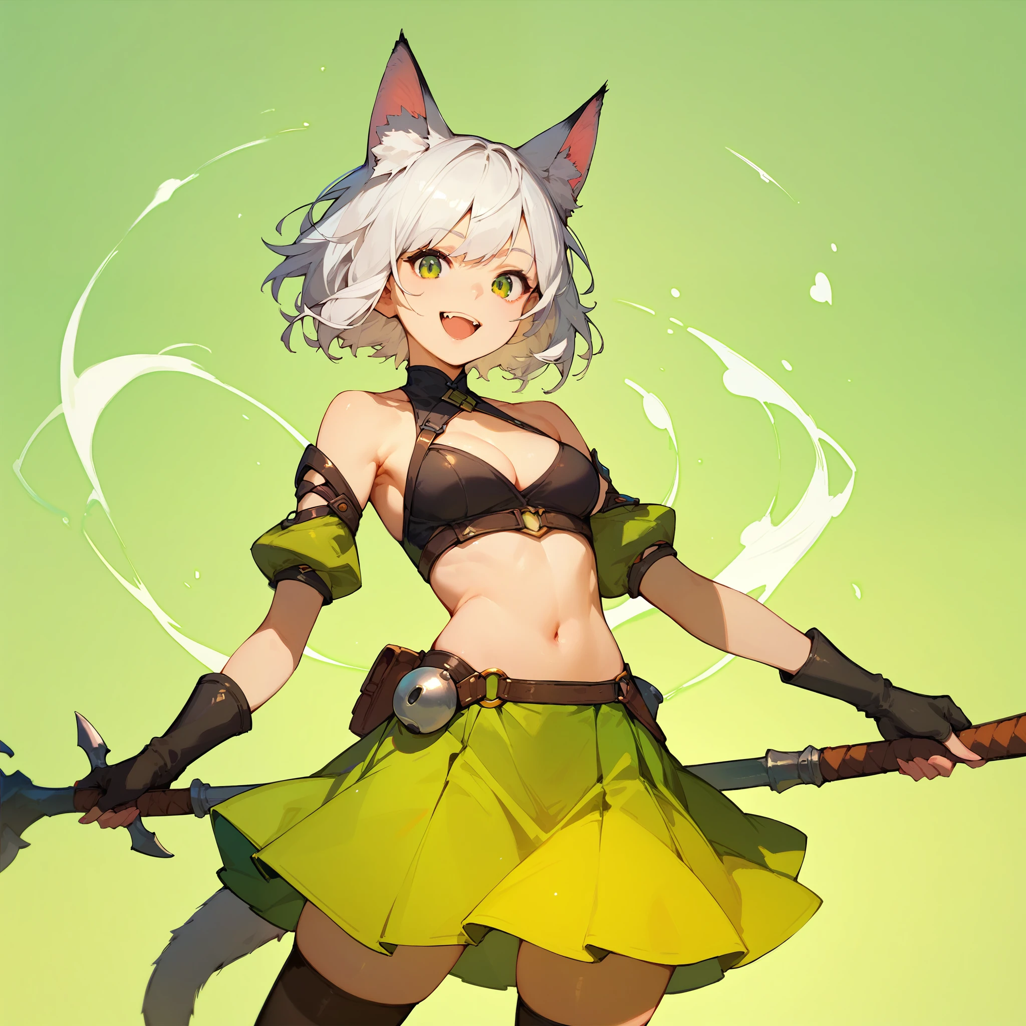 (score_9,score_8_up,score_7_up,) 1girl, solo, breasts, looking at viewer, smile, short white hair, open mouth, skirt, thigh highs, animal ears, tail, weapon, holding weapon, animal ear fluff, green skirt, sheath, green background,