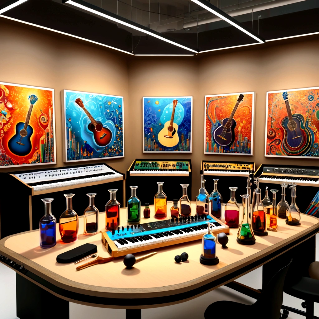 Masterpiece; Guitars and drums in a small science lab(((several science bottles around the room))); (guitars and musical keyboards inside science bottles) World map on the wall. sciencie complete with speakers and glass flasks of chemistry, embody the resilience and tenacity of the scientific community, infused with a bold graphic allure that enlivens the spirit of science. The design penetrates layers of depth, integrating the raw essence and vibrant cores of Rio de Janeiro culture. Brushstrokes that incorporate the fluid energy of graffiti on guitars and acoustic guitars weave around dynamic geometric shapes, adorning the laboratories with an evocative masterpiece that speaks to the heart of the intersection between two diverse worlds. Majestically rendered in high definition and vibrant color, every detail bursts with life, inviting viewers to marvel at the beauty that; by Monet