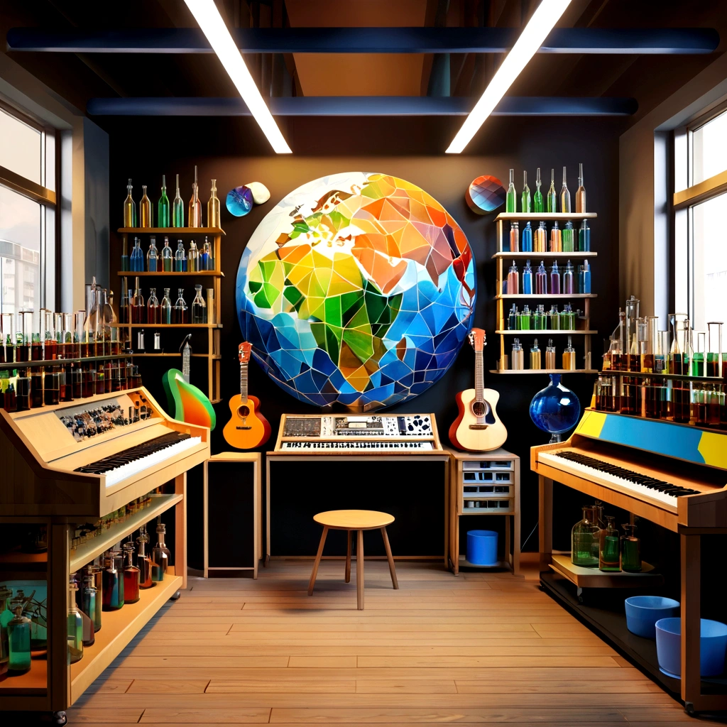 Masterpiece; Guitars and drums in a small science lab(((several science bottles around the room))); (guitars and musical keyboards inside science bottles) World map on the wall. sciencie complete with speakers and glass flasks of chemistry, embody the resilience and tenacity of the scientific community, infused with a bold graphic allure that enlivens the spirit of science. The design penetrates layers of depth, integrating the raw essence and vibrant cores of Rio de Janeiro culture. Brushstrokes that incorporate the fluid energy of graffiti on guitars and acoustic guitars weave around dynamic geometric shapes, adorning the laboratories with an evocative masterpiece that speaks to the heart of the intersection between two diverse worlds. Majestically rendered in high definition and vibrant color, every detail bursts with life, inviting viewers to marvel at the beauty that; by Monet