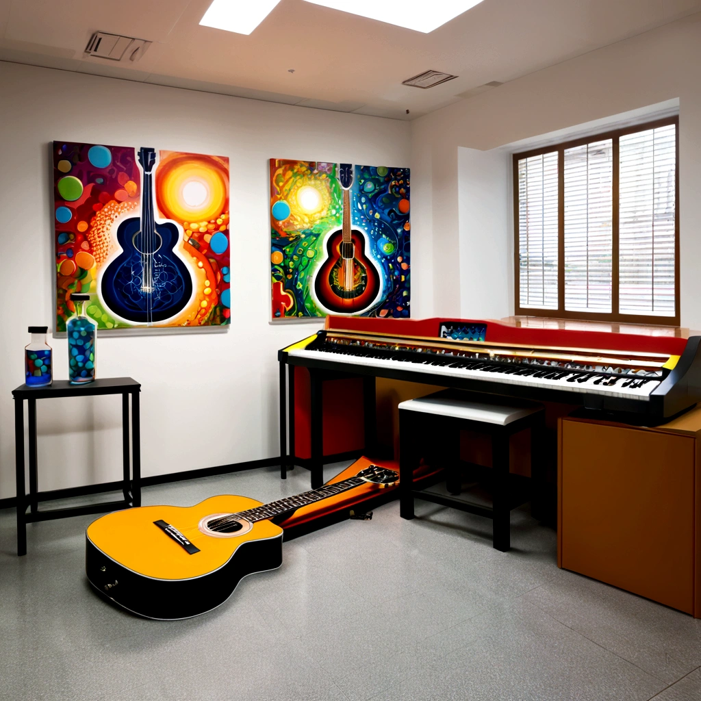Masterpiece; Guitars and drums in a small science lab(((several science bottles around the room))); (guitars and musical keyboards inside science bottles) World map on the wall. sciencie complete with speakers and glass flasks of chemistry, embody the resilience and tenacity of the scientific community, infused with a bold graphic allure that enlivens the spirit of science. The design penetrates layers of depth, integrating the raw essence and vibrant cores of Rio de Janeiro culture. Brushstrokes that incorporate the fluid energy of graffiti on guitars and acoustic guitars weave around dynamic geometric shapes, adorning the laboratories with an evocative masterpiece that speaks to the heart of the intersection between two diverse worlds. Majestically rendered in high definition and vibrant color, every detail bursts with life, inviting viewers to marvel at the beauty that; by Monet