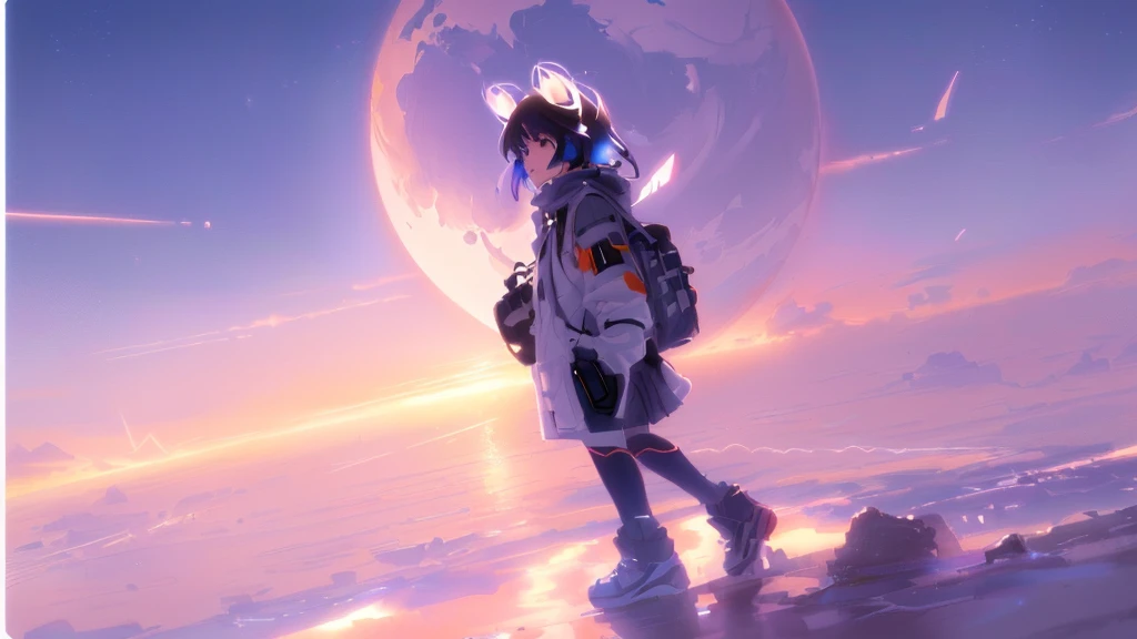 Standing on a rock with a backpack、Anime girl looking at the moon, Makoto Shinkai Cyril Rolland, ( ( makoto shinkai ) ), Gweiz-style artwork, makoto shinkai. —h 2160, makoto shinkai!, makoto shinkai ( Apex Legends ), mokoto shinkai, Makoto Shinkai style