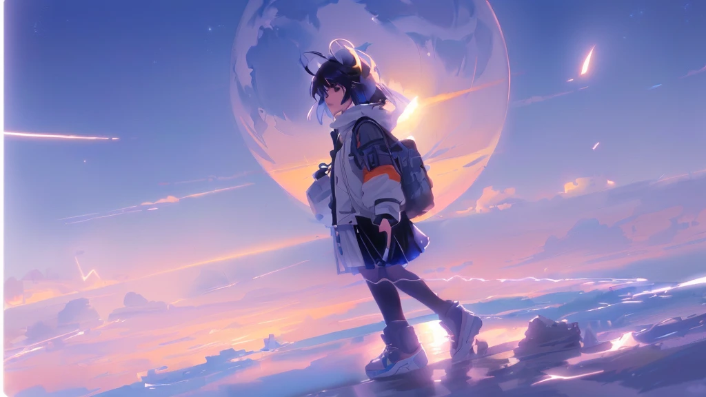 Standing on a rock with a backpack、Anime girl looking at the moon, Makoto Shinkai Cyril Rolland, ( ( makoto shinkai ) ), Gweiz-style artwork, makoto shinkai. —h 2160, makoto shinkai!, makoto shinkai ( Apex Legends ), mokoto shinkai, Makoto Shinkai style